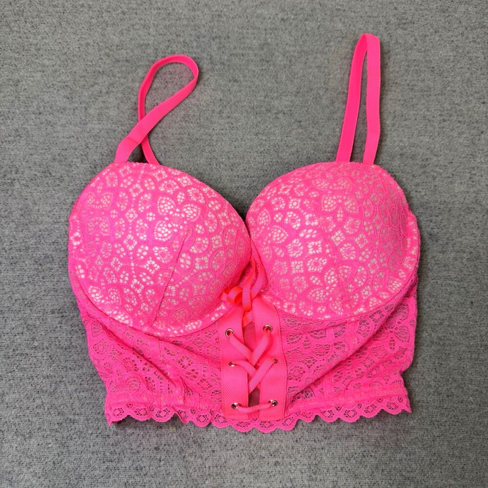 Victoria’s Secret Longline Bra Hot Pink Padded Demi Zip Closure Lace Women 32DD